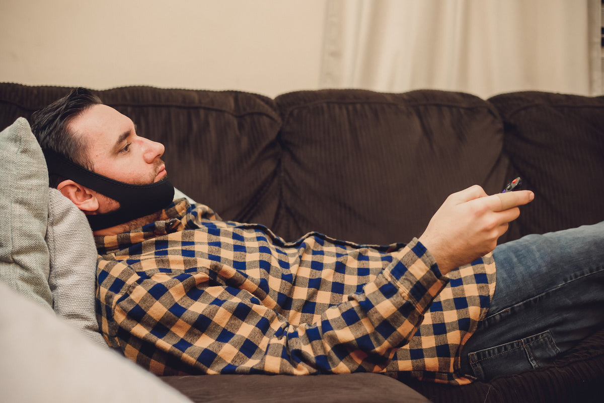 Certified Sleepers chin strap worn during a relaxed evening